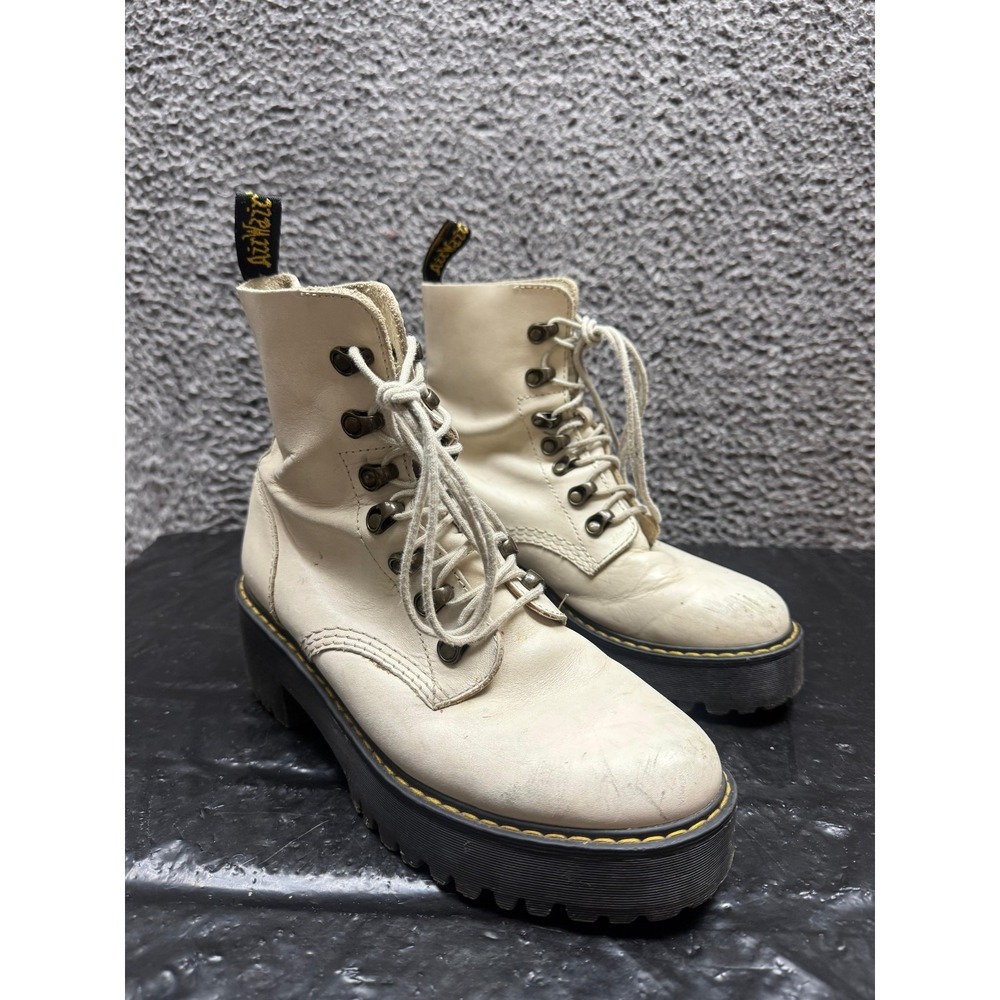Dr. Martens Leona Vintage Smooth Leather Lace Up Heeled Boots White Women Size 8